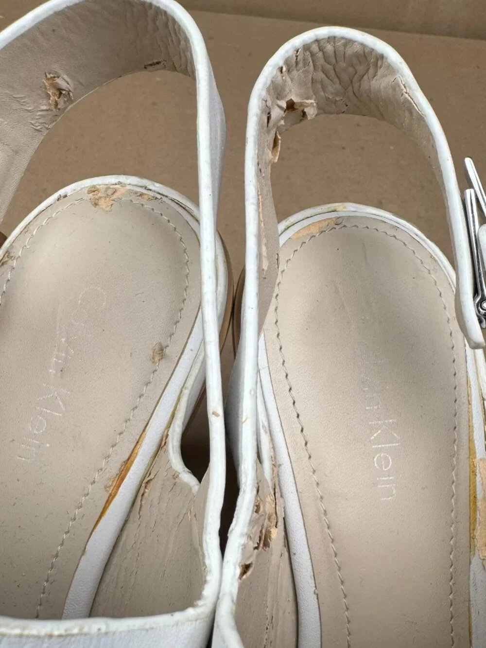 Calvin Klein Women's Size 7M White Silver Perdita Slingback Wedge Sandals damage